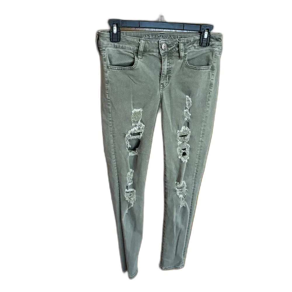 AMERICAN EAGLE JEANS 4 Green‎ Super Stretch Distressted